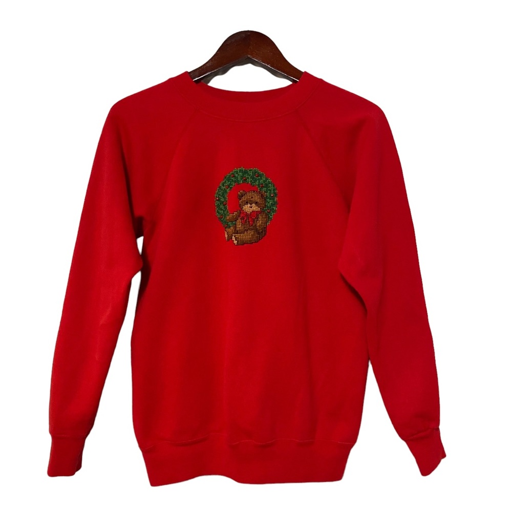Vintage 80s Haynes Embroidered Christmas Sweatshirt Teddy Bear Red Made in USA